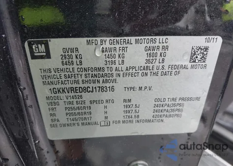 2012 GMC Acadia Slt-1 z USA, uszkodzony, nr VIN 1GKKVRED8CJ178316